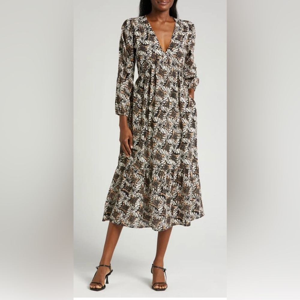 XÍRENA Ella Print Long Sleeve Midi Dress Tobacco Petal, Medium
